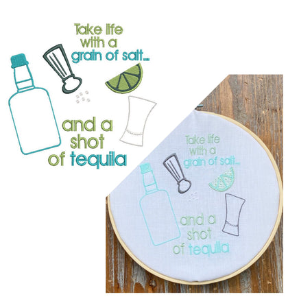 Tequila Embroidery Design, Take life with a grain of salt shot of tequila - sproutembroiderydesigns