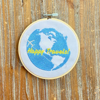 Happy Travels World Globe Machine Embroidery Design - sproutembroiderydesigns