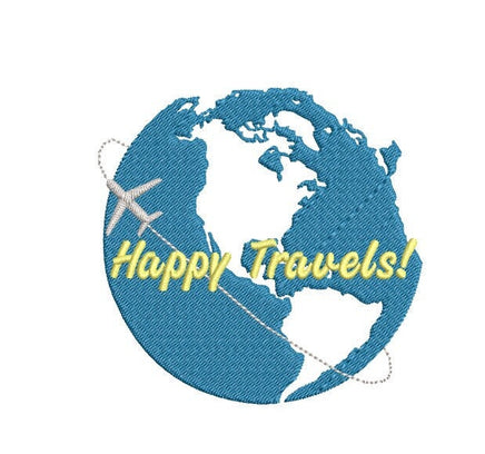 Happy Travels World Globe Machine Embroidery Design - sproutembroiderydesigns