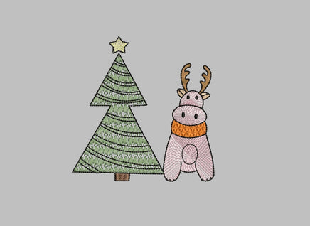 Christmas Tree & Reindeer Machine Embroidery Design, 2 sizes - sproutembroiderydesigns