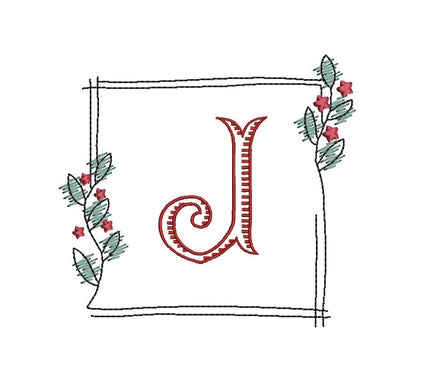 Square Christmas Holly Wreath Monogram Frame Machine Embroidery Design - sproutembroiderydesigns