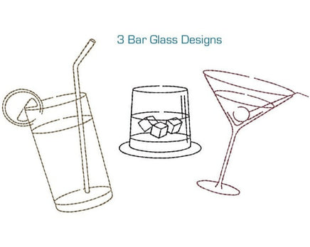 Collection of 3 Bar Glass Machine Embroidery Design, 3 Designs, Martini Embroidery design, cocktail embroidery design - sproutembroiderydesigns