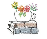 Tea Cup with Stack of Books Machine Embroidery Design, Book Embroidery Design, Quick Stitch - sproutembroiderydesigns
